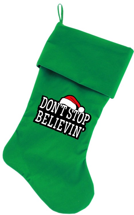 Don't Stop Believin Screen Print 18 inch Velvet Christmas Stocking Green